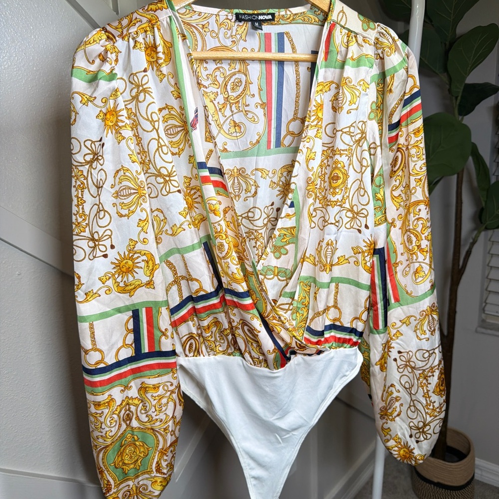 Fashion Nova White & Gold Print Wrap Bodysuit